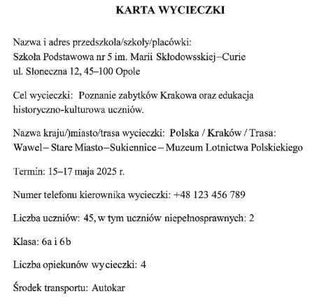 wzór wypełnionej karty wycieczki szkolnej